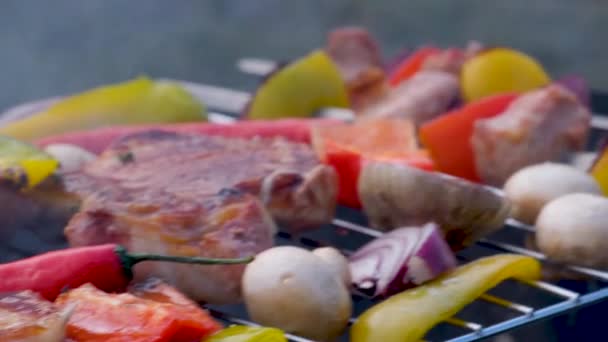 Жареные Сосиски Овощи Гриле Открытом Воздухе Гриль Фуд Барбекю Высококачественные — стоковое видео