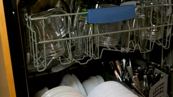 食器洗い機から皿をレイアウト10代の男の子の女の子は 家庭の家事で両親を助ける調理洗浄機をきれいに閉じる食器洗い機新しい技術便利な清掃会社は必要ではありません — ストック動画