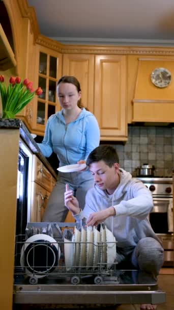 Amerikanska Ungdomar Gör Hushållsarbete Tillsammans Torka Rena Gommar Efter Middag — Stockvideo