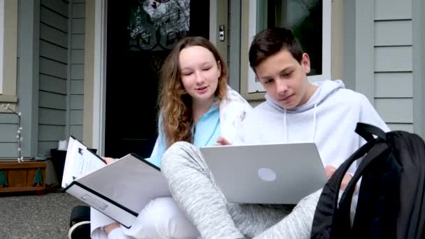 Nice Homework Together Friend Boys Girl Sitting Porch Covered Blanket — Stock Video
