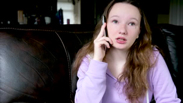Mosolygós Fiatal Üzletasszony Szakmai Telefonon Beszél Laptop Segítségével Ülni Otthon — Stock videók