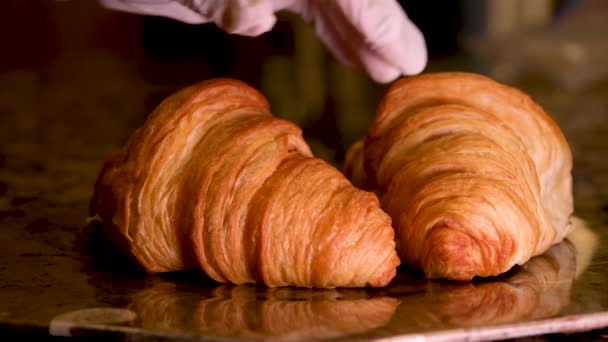Großaufnahme Eines Kochs Handschuhen Der Ein Croissant Zubereitet Wobei Die — Stockvideo