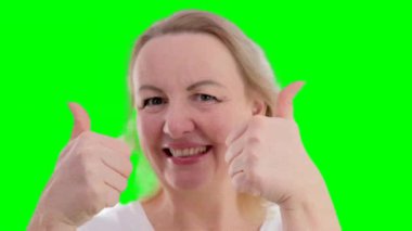 Banner Image of european american business woman smiling, pointing showing thumb up, recommending product, praising, standing on white background advertising space for text closeup cool super