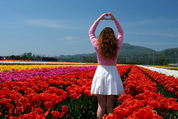 stock image girl in white skirt walks through a field tulips dance spinning run touch flowers with her hands straighten hair on blue background sky mountains