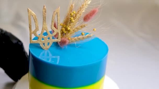 Preparazione Decorazione Delizioso Dessert Torta Con Tridente Bandiera Ucraina Spikelets — Video Stock