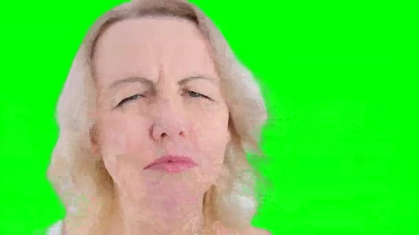 大声的不满意的女人伤心的愤怒的手臂向两边张开手指捏紧的眼睛歇斯底里的神经心理帮助紧张的抗抑郁药工作室 — 图库视频影像