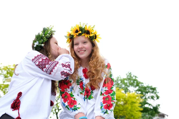 美丽的年轻女子编织着花圈 在公园里聊天 在花园里绣着民族乌克兰语衬衫 环绕着向日葵花和森林的白花 美丽的维希万卡 — 图库照片