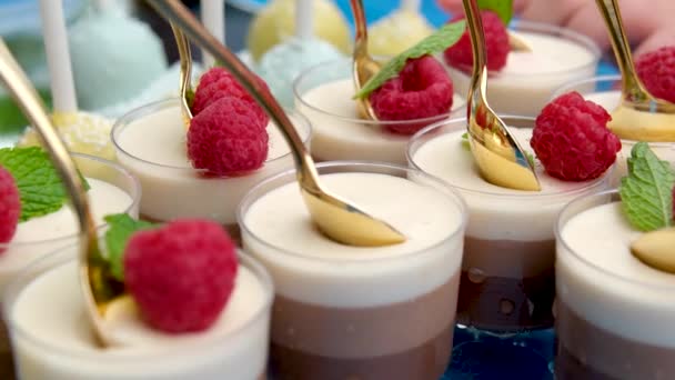 Heerlijke Heerlijke Desserts Het Buffet Frambozengelei Dessert Met Gouden Theelepels — Stockvideo