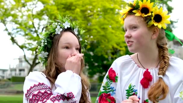 美丽的年轻女子编织着花圈 在公园里聊天 在花园里绣着民族乌克兰语衬衫 环绕着向日葵花和森林的白花 美丽的维希万卡 — 图库视频影像