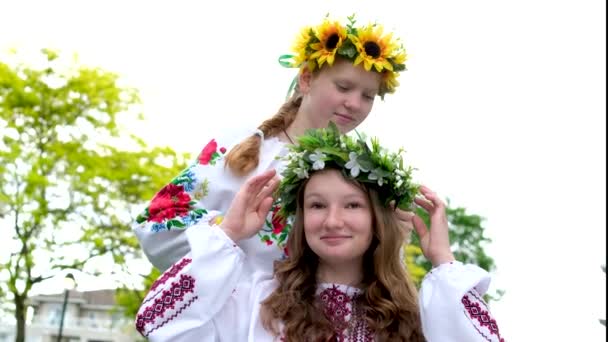 Gyönyörű Fiatal Lányok Szőtt Koszorúk Séta Nevetés Csevegés Parkban Kertben — Stock videók