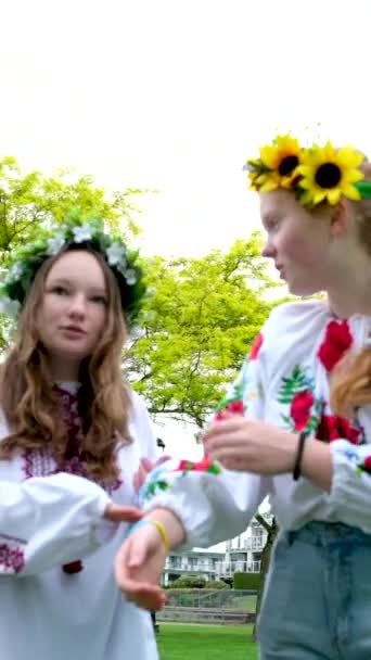 美丽的年轻女子编织着花圈 在公园里聊天 在花园里绣着民族乌克兰语衬衫 环绕着向日葵花和森林的白花 美丽的维希万卡 — 图库视频影像