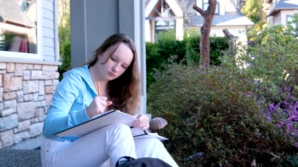 Draw Album Simple Pencil Girl Sits Draws Nature Eraser Erases — Stock Video