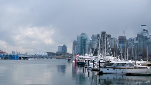 Utsikt Över Staden Vancouver Från Stanley Park Yachter Blå Himmel — Stockvideo