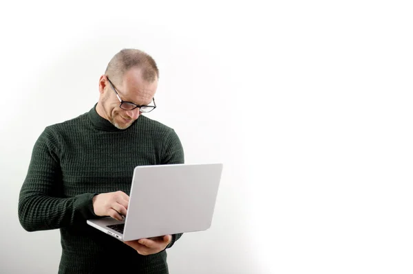 Focused Man Glasses Using Laptop Typing Keyboard Writing Email Message — Fotografia de Stock