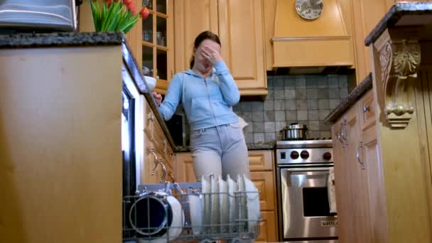 Погрузка Посудомоечной Машины Уборка Дома Распаковывая Посуду Положить Своих Местах — стоковое видео