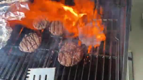 Steak Bbq Burger Patties Fry Open Fire Grate Flip Flame — Stock Video