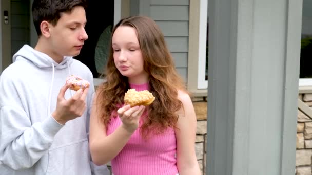 Children Tasting Fingers Porch Girl Biting Boys Hands Delicious Dessert — Stock Video