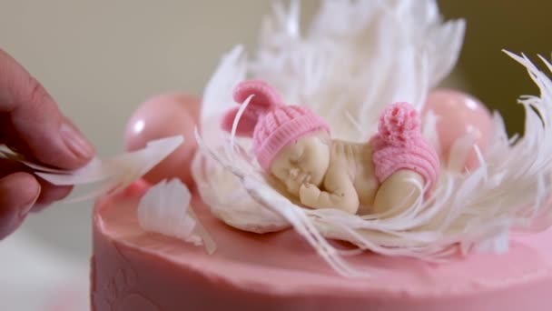 Décoration Cuisine Délicieux Gâteau Rose Pour Naissance Festive Enfant Baptême — Video