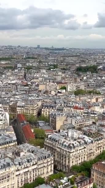 Vertikal Video Utsikt Från Eiffeltornet Snövita Byggnaderna Paris Synliga Flod — Stockvideo