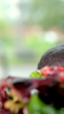 Mürekkepbalıklı, mürekkepli, çizburger sandviçli siyah ekmek. Pencere kenarında salata servis ediliyor. Lezzetli bulgogi, baharatlı bulgogi, ev yapımı, kalamar ekmekleri.