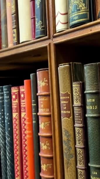 天井にちょうどラックの上に厚いシックな結合スタンドで図書館ストア内の棚に収集可能な本 ヒューゴ モリエールや他の著者による本があります26 23パリフランス — ストック動画