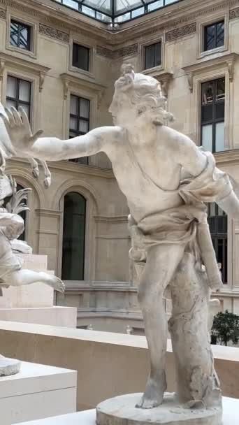 Білі Мармурові Скульптури Головному Залі Лувру Стоять Поруч Один Одним — стокове відео