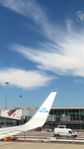 Widok Samolotu Klm Skrzydle Osoby Przechodzącej Lotnisku Przygotowującej Się Startu — Wideo stockowe