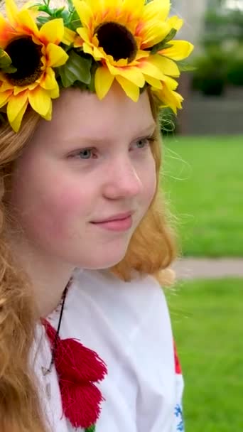 Cute Ukraińska Dziewczyna Długim Warkoczem Tradycyjnych Haftowanych Ubrań Wieniec Kwiat — Wideo stockowe