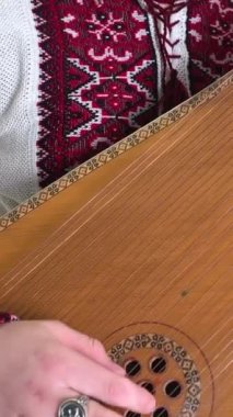 Elinde kobza müzik aleti olan yakışıklı genç adam tekerlekli sandalyede beyaz arka planda oturuyor. Ukrayna 'da giyinmiş savaş gazisi. 