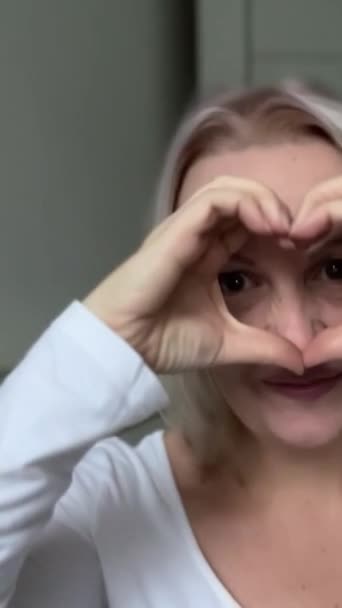 Positive Emotions Love Happy Cute Woman Showing Heart Hands She — Stock Video