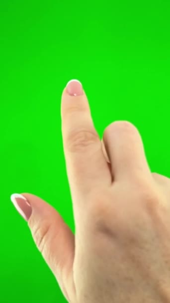 Green Background Chromakey Space Advertising Text Woman Finger Clicks Places — Stock Video