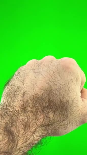 Masculino Peludo Mão Verde Croma Chave Fundo Parece Segurar Tomá — Vídeo de Stock