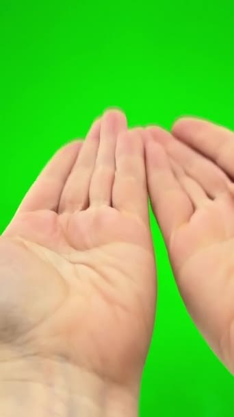 Woman Stretches Her Two Palms Green Chroma Key Background You — Stock Video