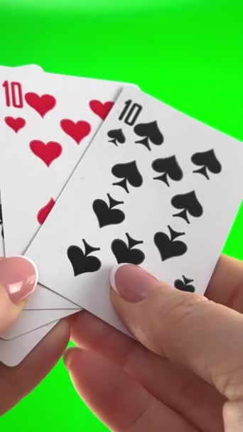 Hand Holding Four Dozens Green Background Close Tens Cards Female — Video
