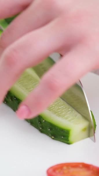 Close Beautiful Female Young Hands Cut Cucumber Big Knife White — Stock Video