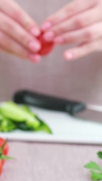 Beautiful Young Woman Preparing Vegetable Salad Kitchen Healthy Food Vegan — Stock video