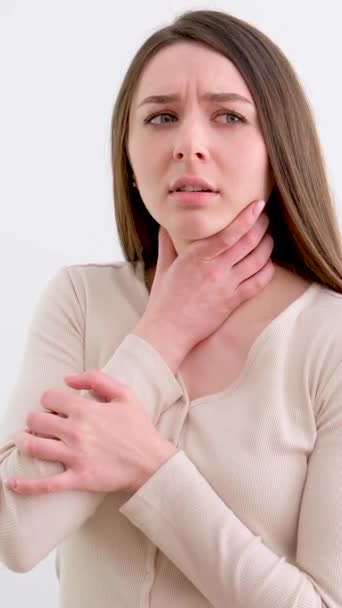 Beautiful Girl Studio White Background Holding Throat Get Sick Flu — Stock Video
