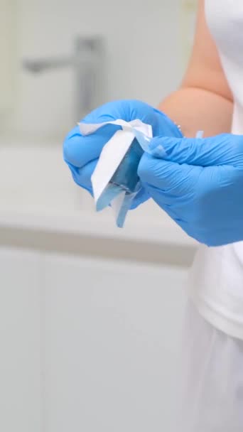 Dentist Unpacks Sterile Dental Instruments Nurse Hands Unpacking Piezo Scaler — Stockvideo