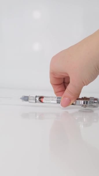 Female Hand Takes Carpool Syringe White Background Nurse Anesthetist Doctor — Stock Video