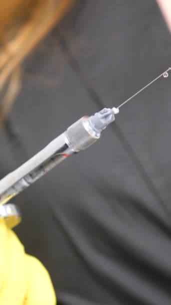 Woman Holding Medical Injection Syringe Her Outstretched Hand Camera Selective — Video