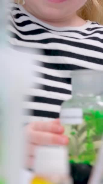 Großaufnahme Eines Pipettenwassertropfens Reagenzglas Labor Ein Kleines Mädchen Spielt Einem — Stockvideo