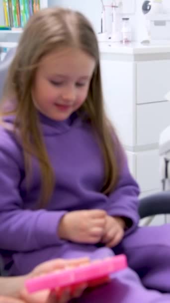 Hold Hand Afraid Dentist Lovely Little Kid Smiling While Talking — Stock Video