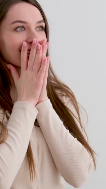Surprise Joy Girl Covered Face Her Hands Laughing Joyful Eyes — Stock Video