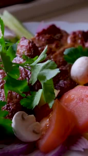 Shashlik Shish Kebab Prepared Barbecue Grill Hot Charcoal Grilled Vegetables — Stock Video