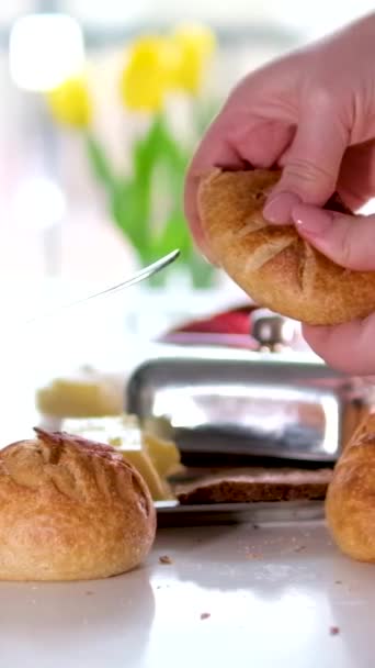 Beautiful Dense Yeast Free Dough Buns Female Hands Break Freshly — Stock Video