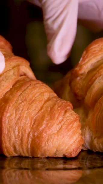 Hands Sterile White Gloves Take Two Croissants Marble Plate Delicious — Stock Video