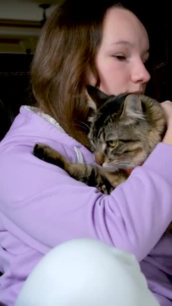 Μια Έφηβη Ήθελε Χαϊδέψει Μια Πλούσια Γάτα Της Σιβηρίας Θυμώνει — Αρχείο Βίντεο