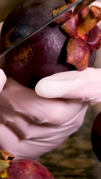 Exotische Früchte Auf Dem Tisch Weibliche Hände Säubern Mangostan Auf — Stockvideo