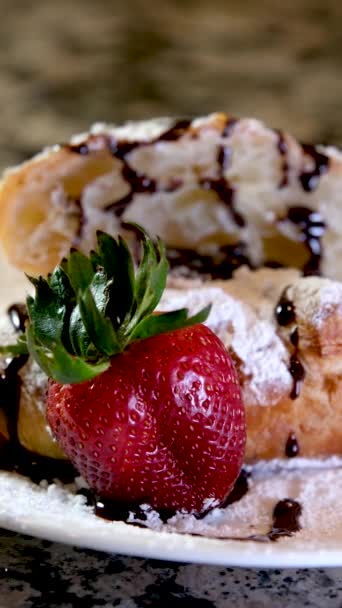 Closeup Croissant Sprinkled Powdered Sugar Strawberries Mint Leaves Delicious Dessert — Stock Video