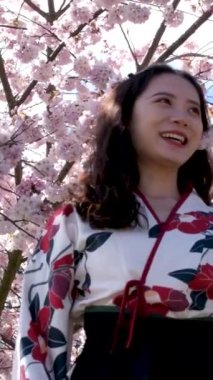 Arka planda sakura çiçekleri olan genç ve güzel bir kadının portresi. Dışarıdaki kameraya bakan güzel bir kadın. Çiçek açan elma ağaçlarındaki kadın.